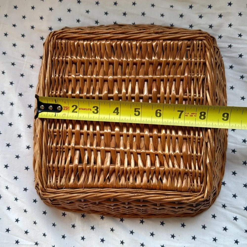 Vintage Square Yugoslavian Wicker Rattan Basket 10.5” Stamped Made in Yugoslavia